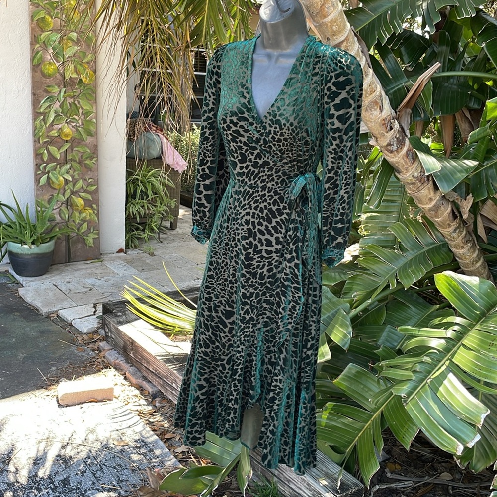 Calvin Klein velvet, burnout, animal print asymmetric ruffle dress